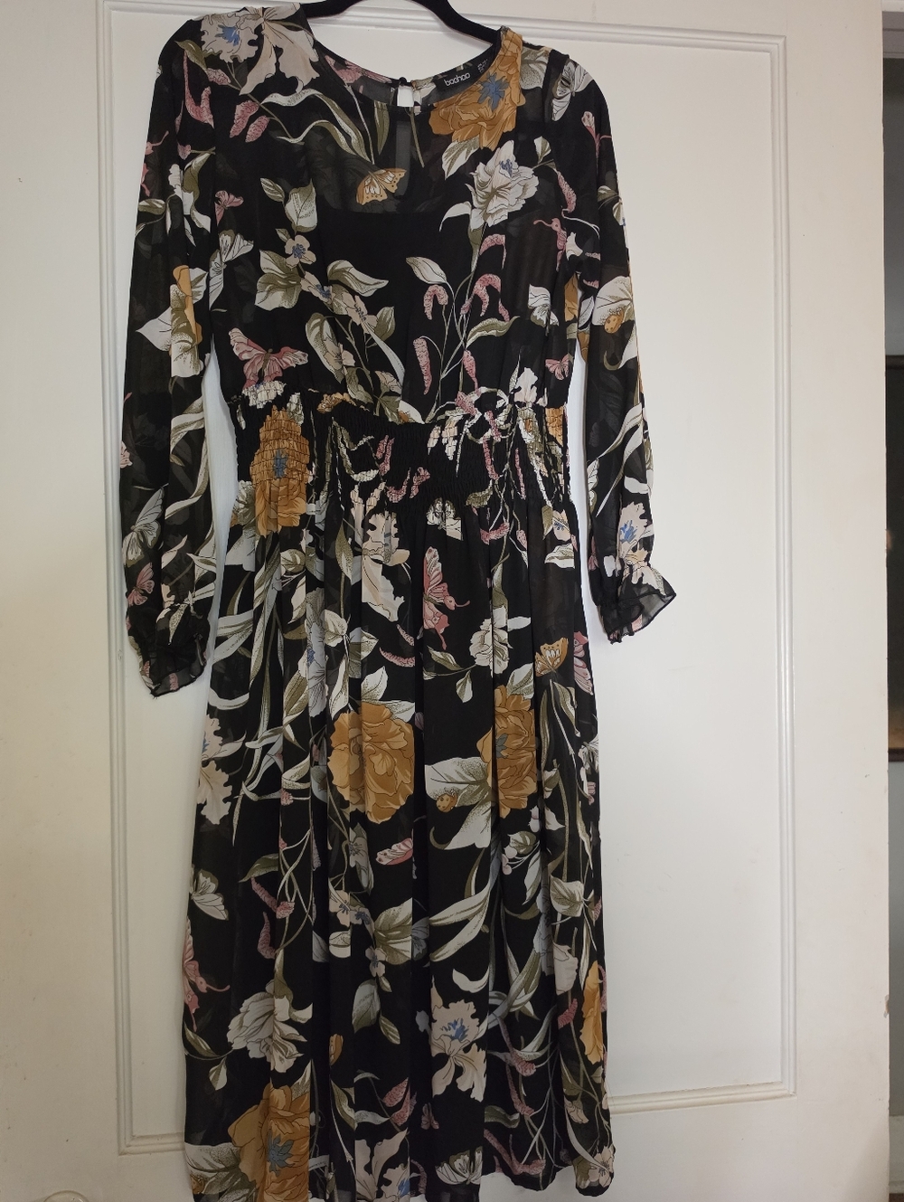 Boohoo Black Floral Long-Sleeve Midi Dress with Mustard Accents